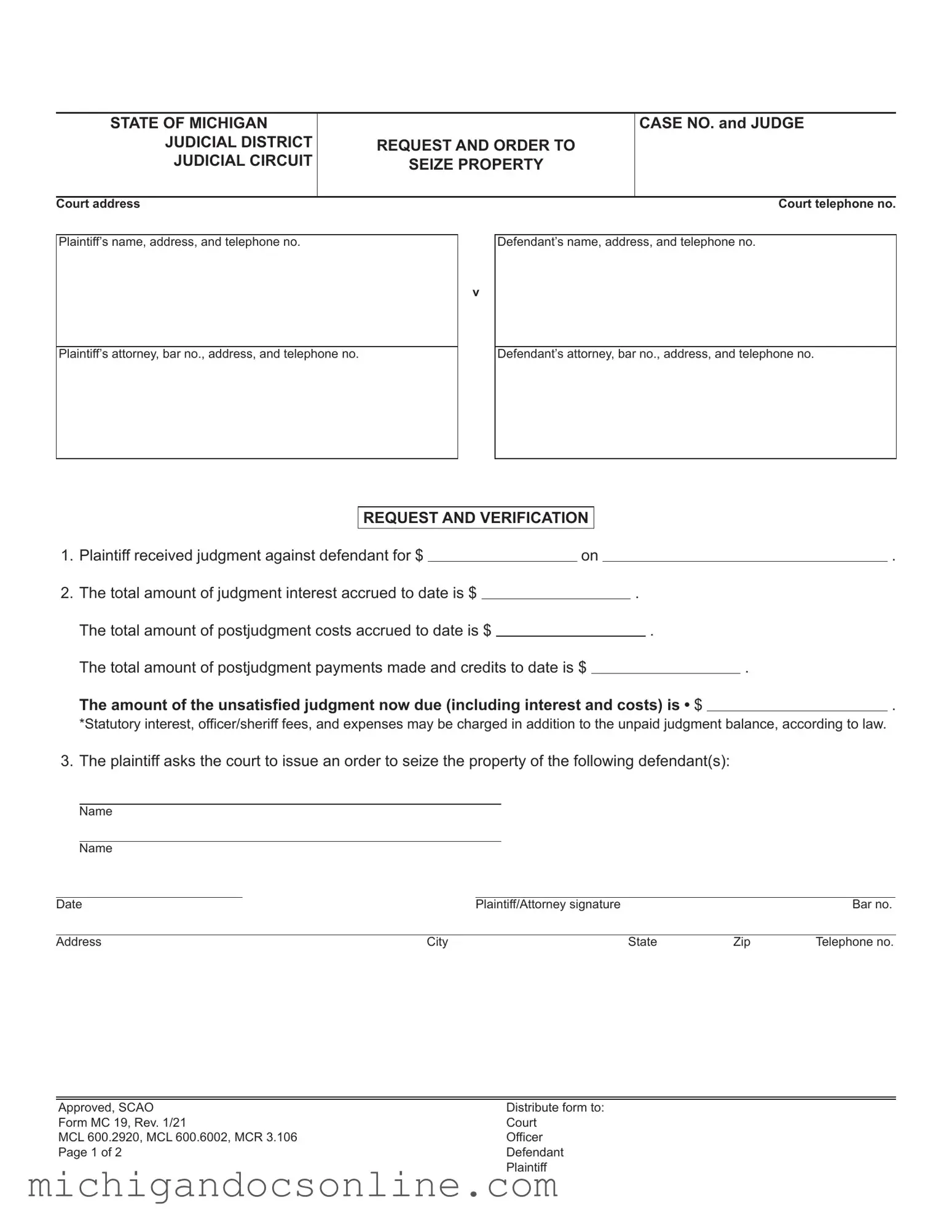 Blank Michigan Mc 19 PDF Form