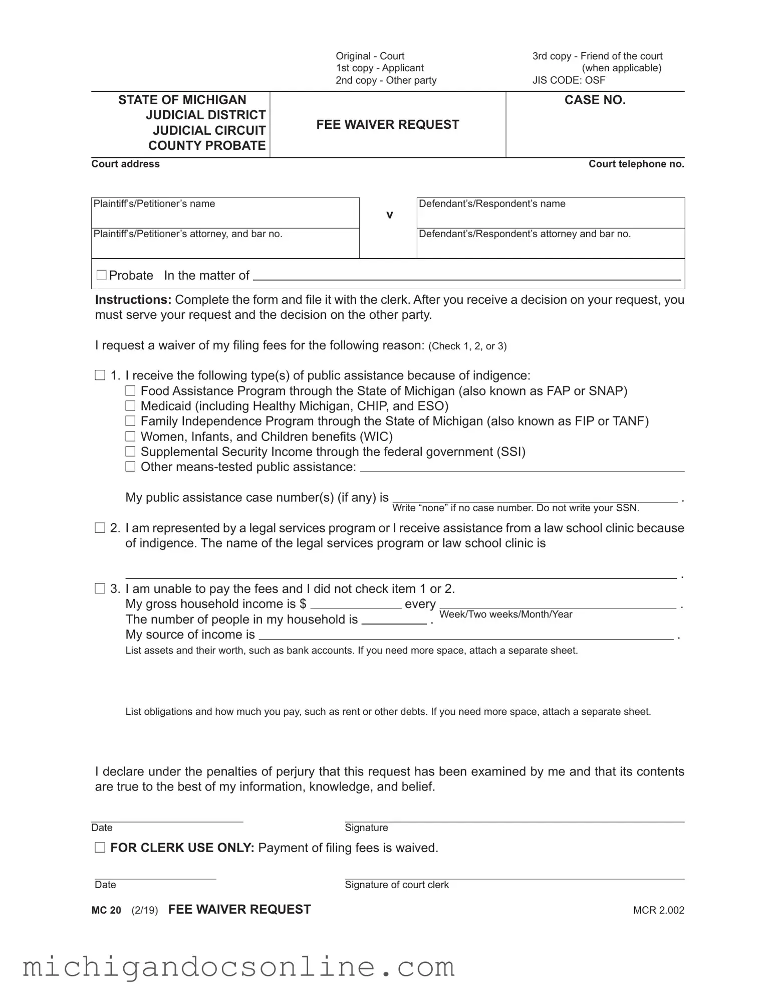 Blank Michigan Mc 20 PDF Form