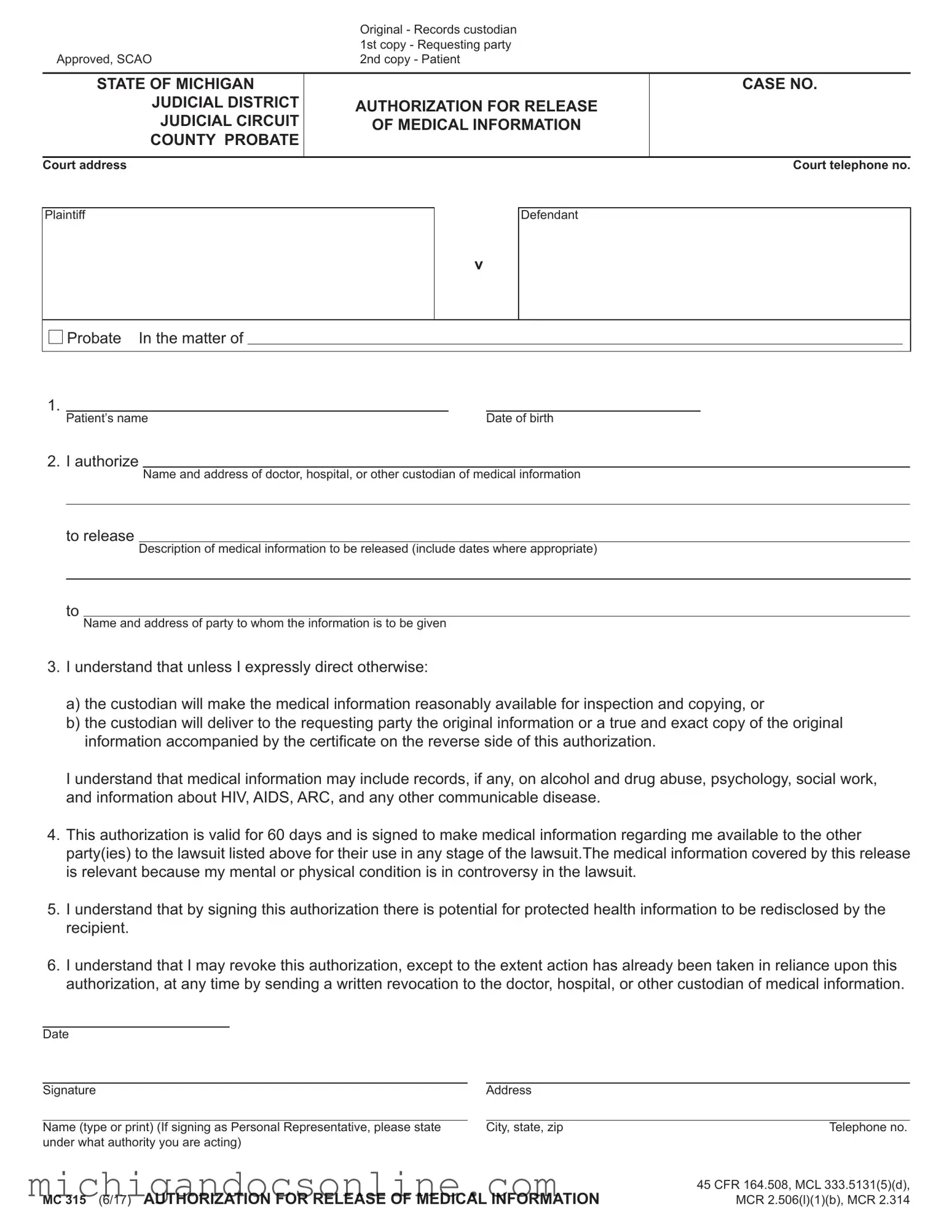 Blank Michigan Mc 315 PDF Form