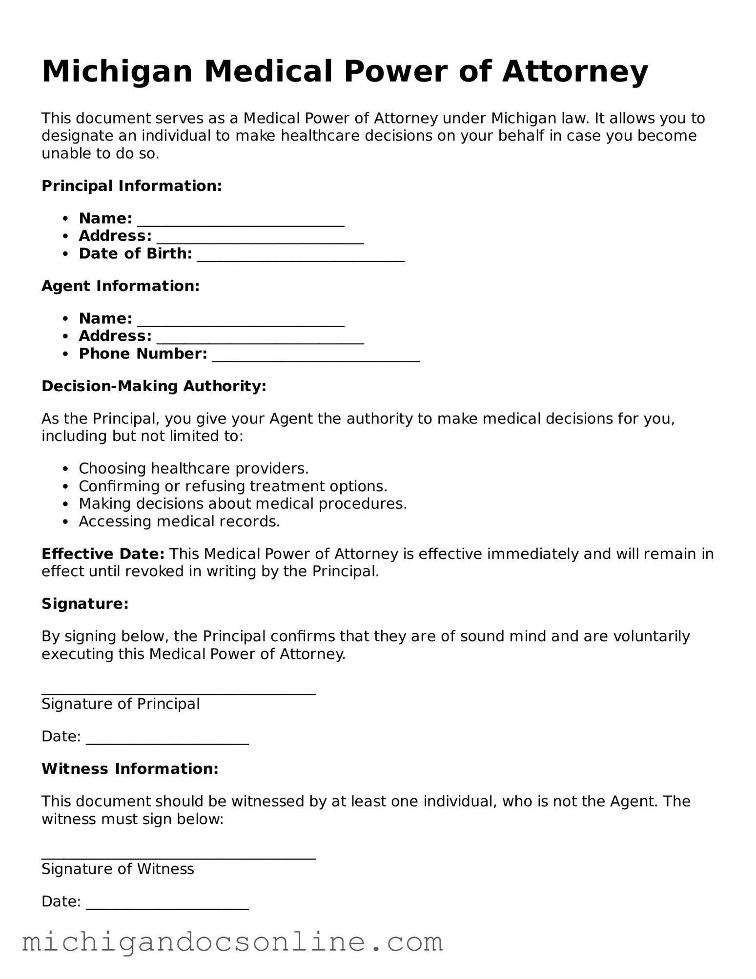 Fillable Michigan Medical Power of Attorney Form