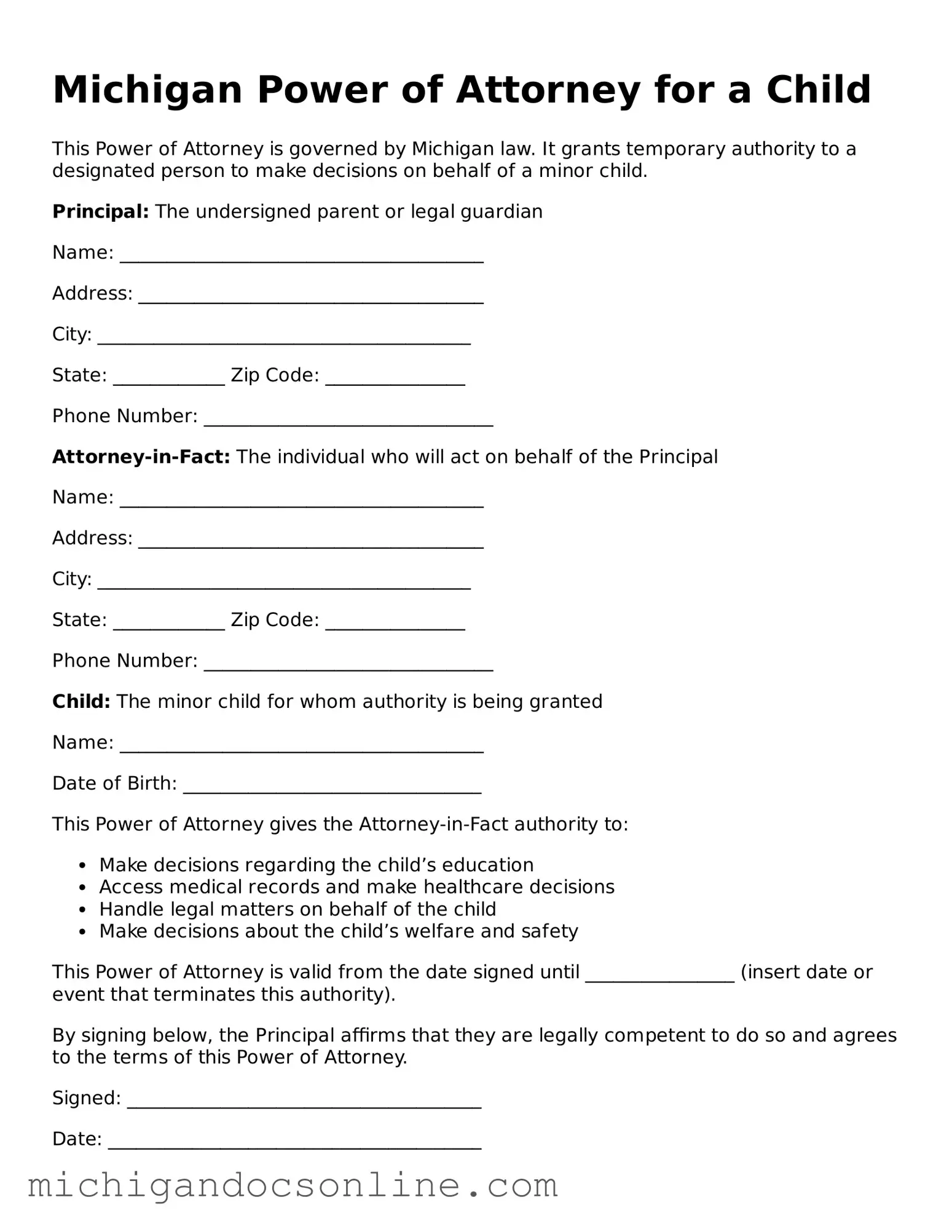 Fillable Michigan Power of Attorney for a Child Form