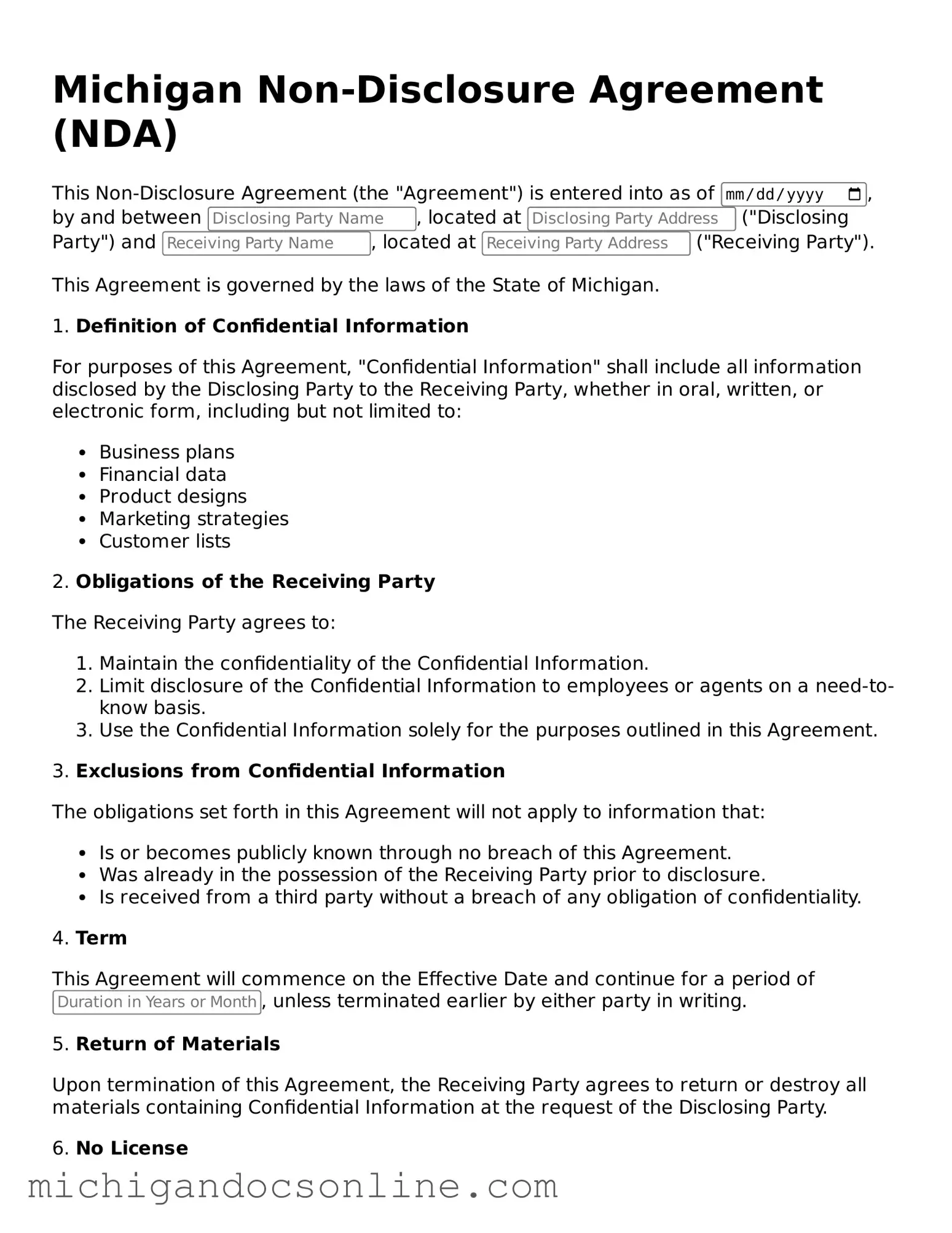 Fillable Michigan Non-disclosure Agreement Form