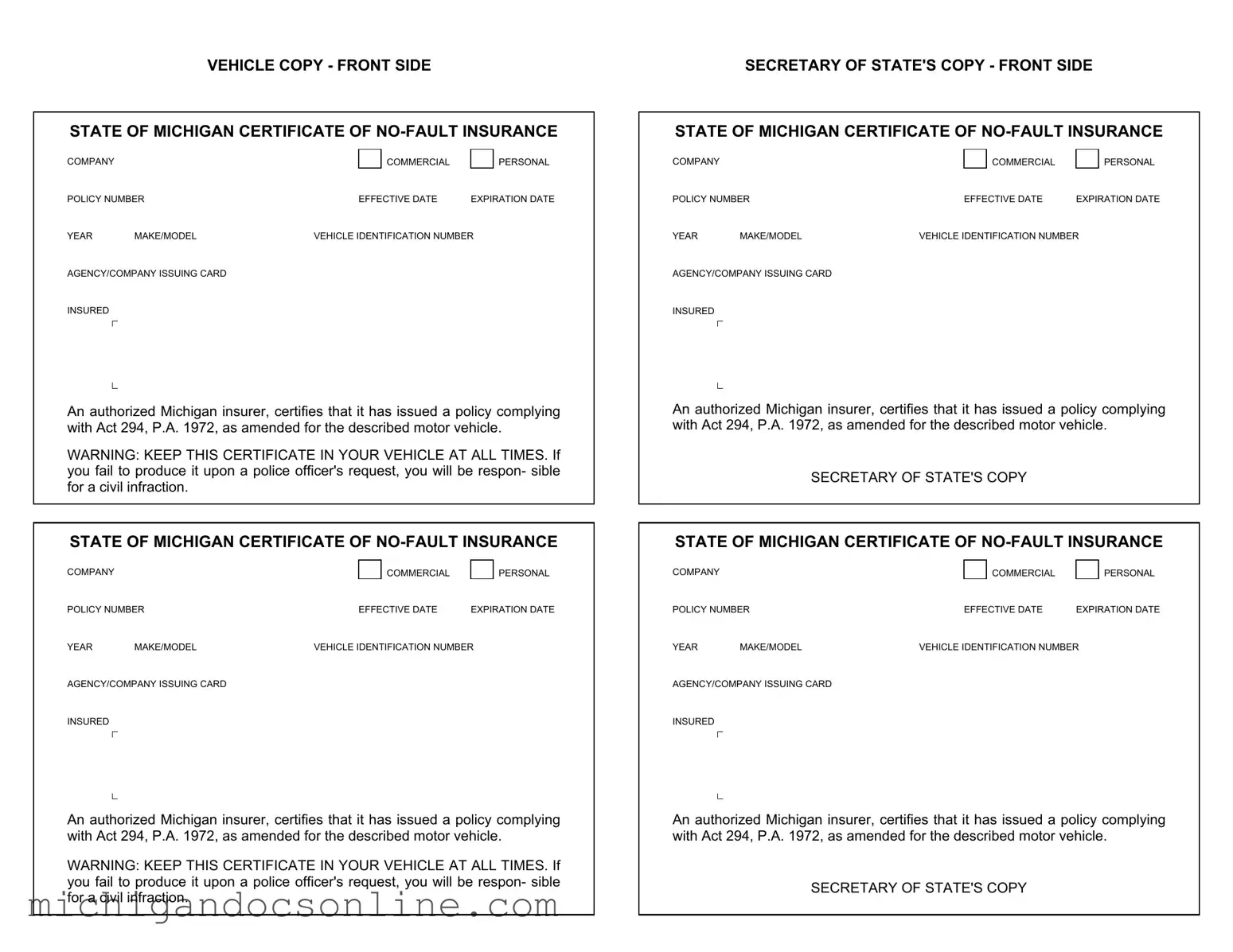 Blank Michigan No Fault Insurance PDF Form