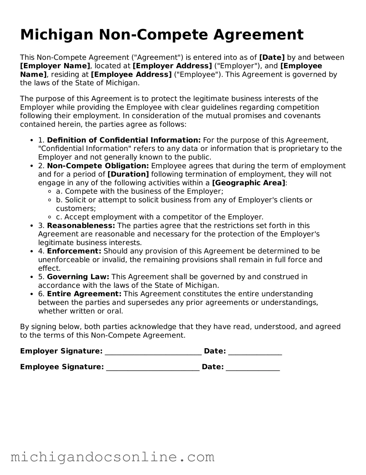 Fillable Michigan Non-compete Agreement Form