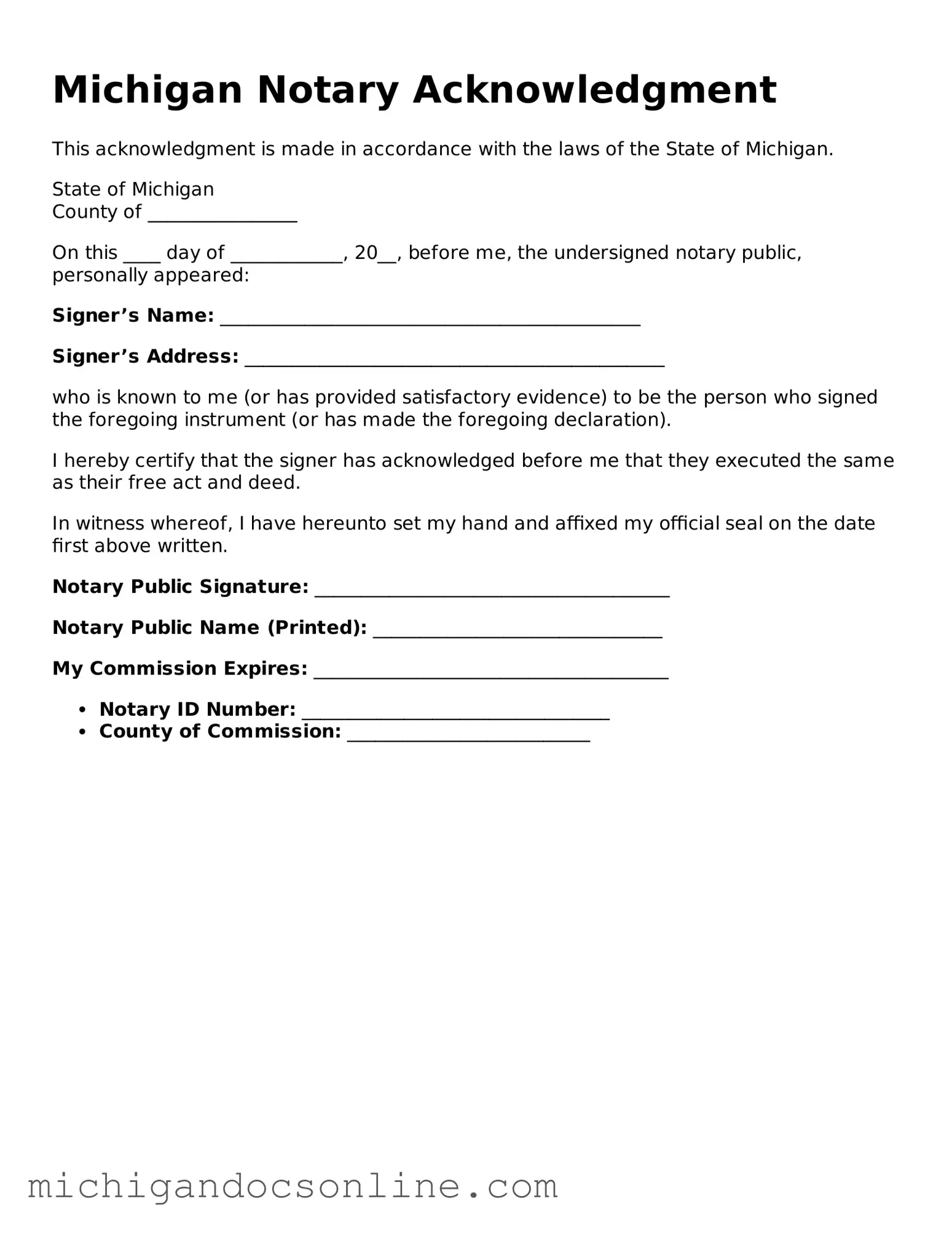 Fillable Michigan Notary Acknowledgement Form