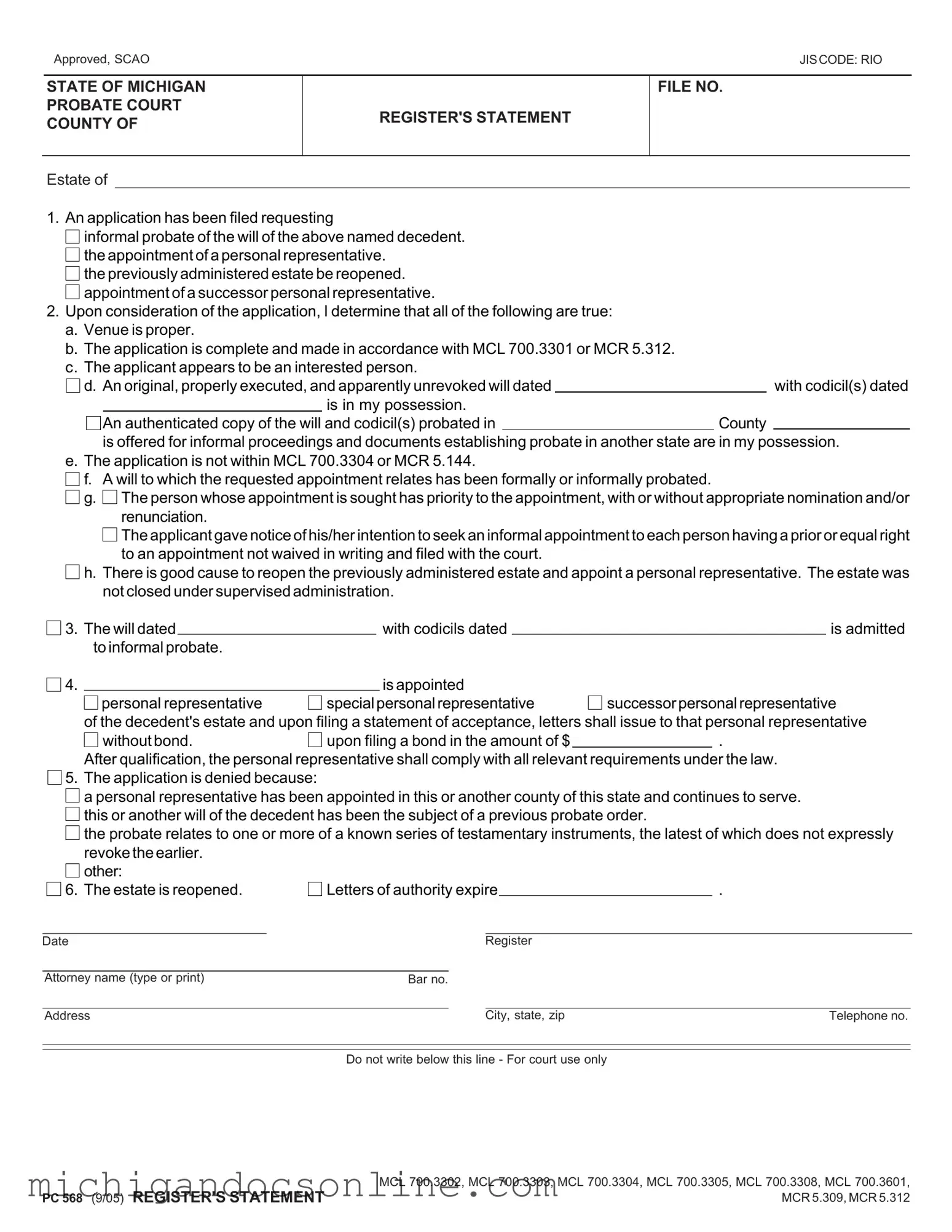 Blank Michigan Pc 568 PDF Form