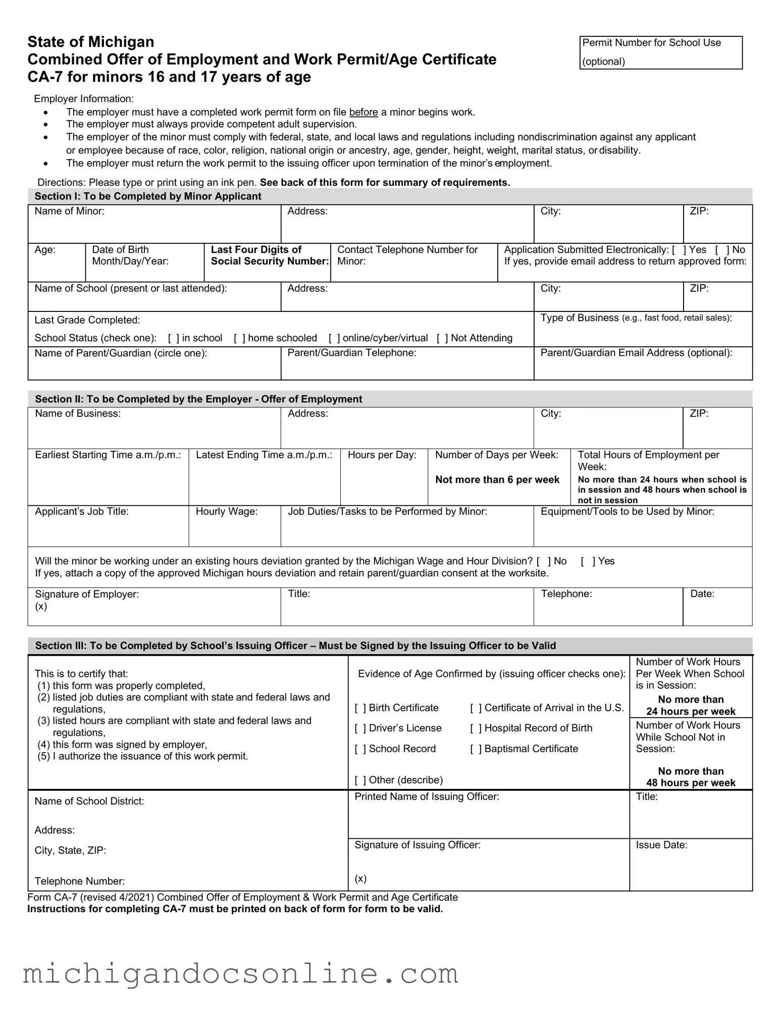 Blank Michigan Permit PDF Form