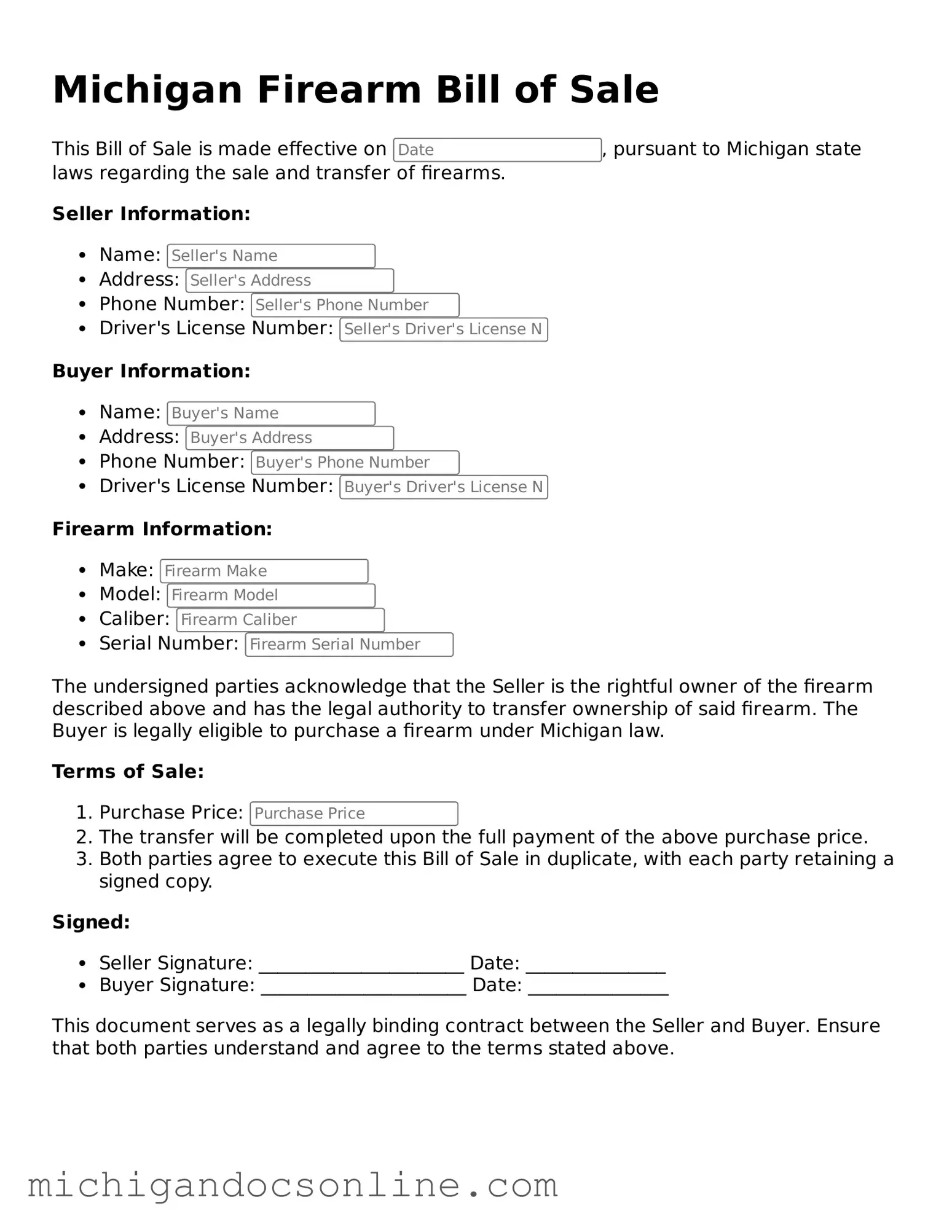 Fillable Michigan Firearm Bill of Sale Form