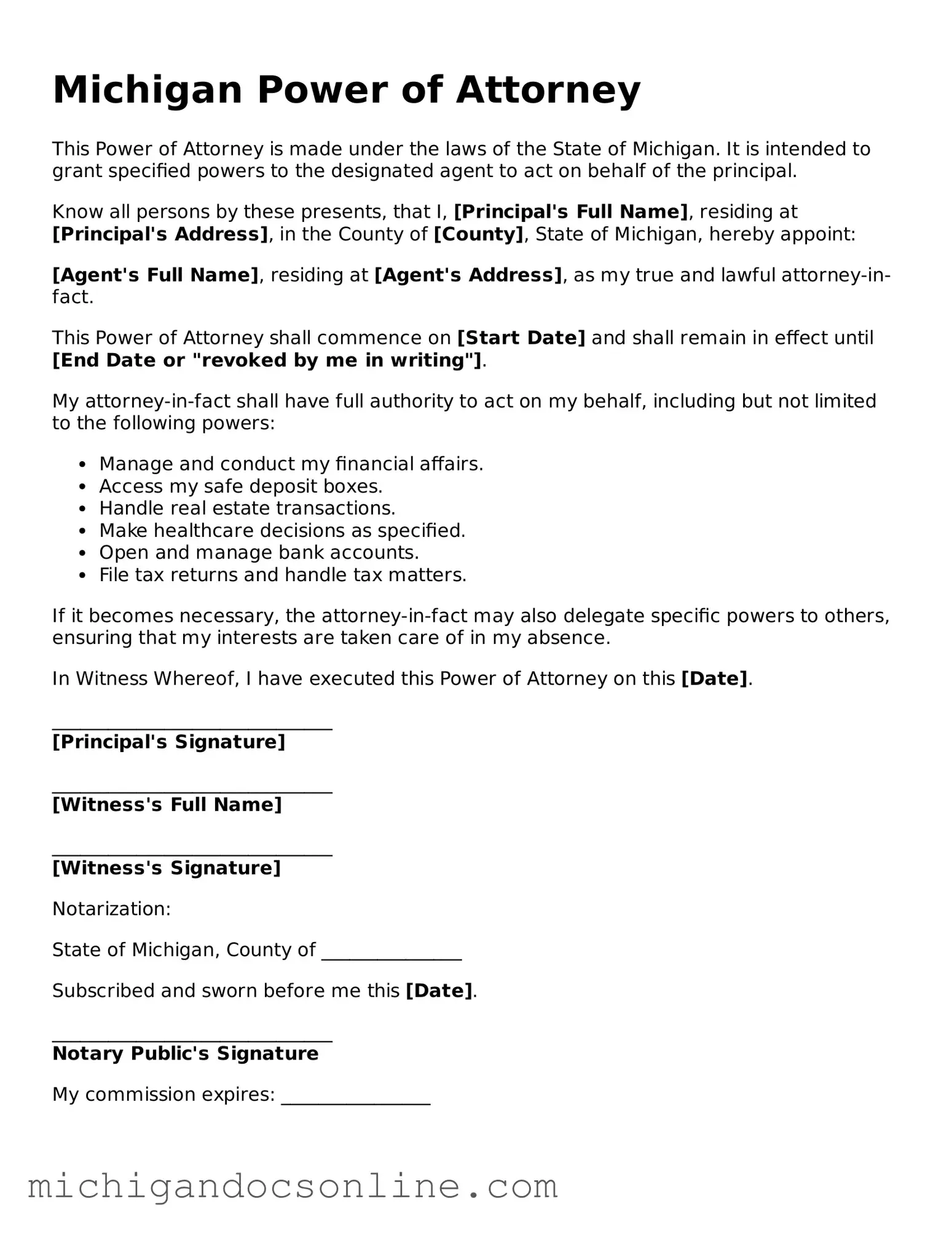 Fillable Michigan Power of Attorney Form