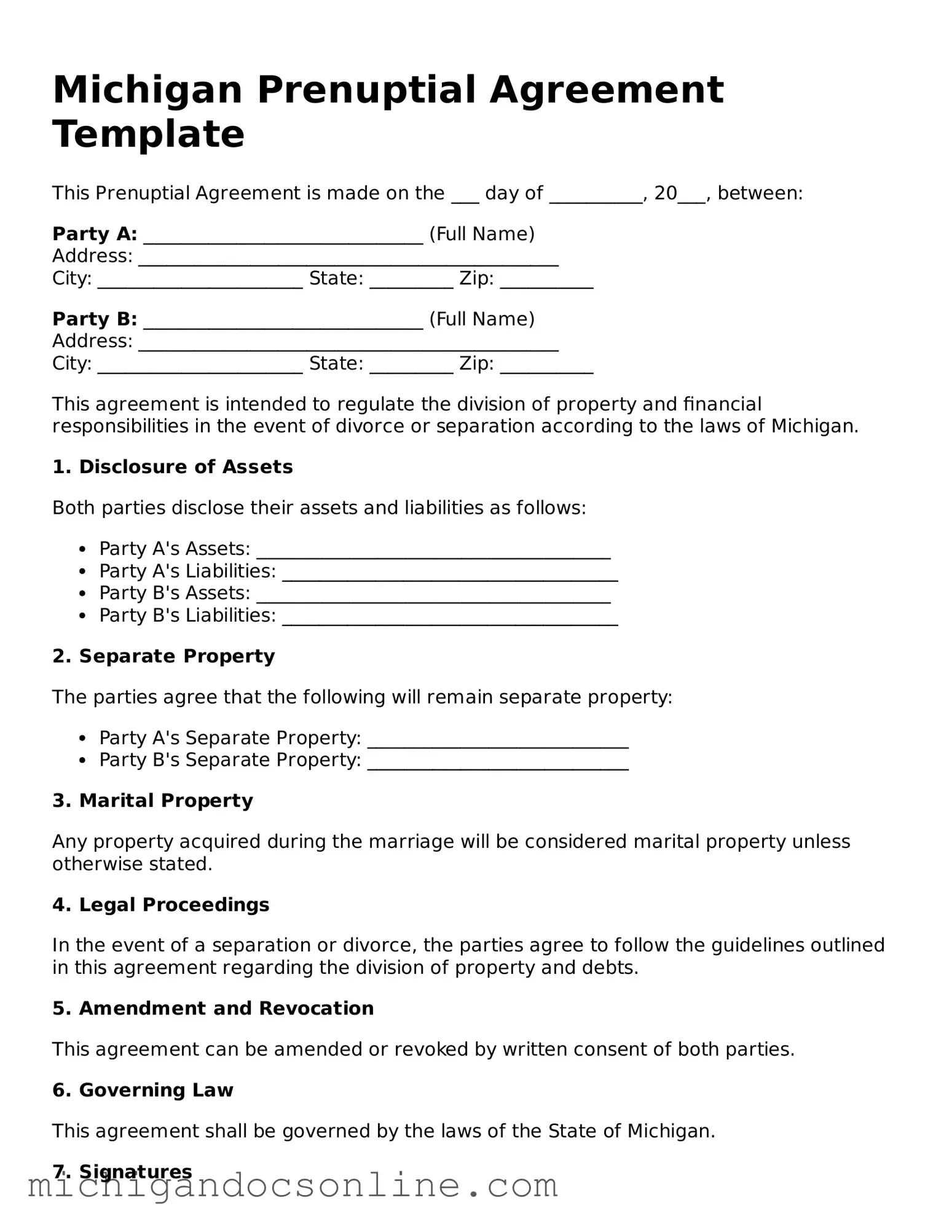 Fillable Michigan Prenuptial Agreement Form
