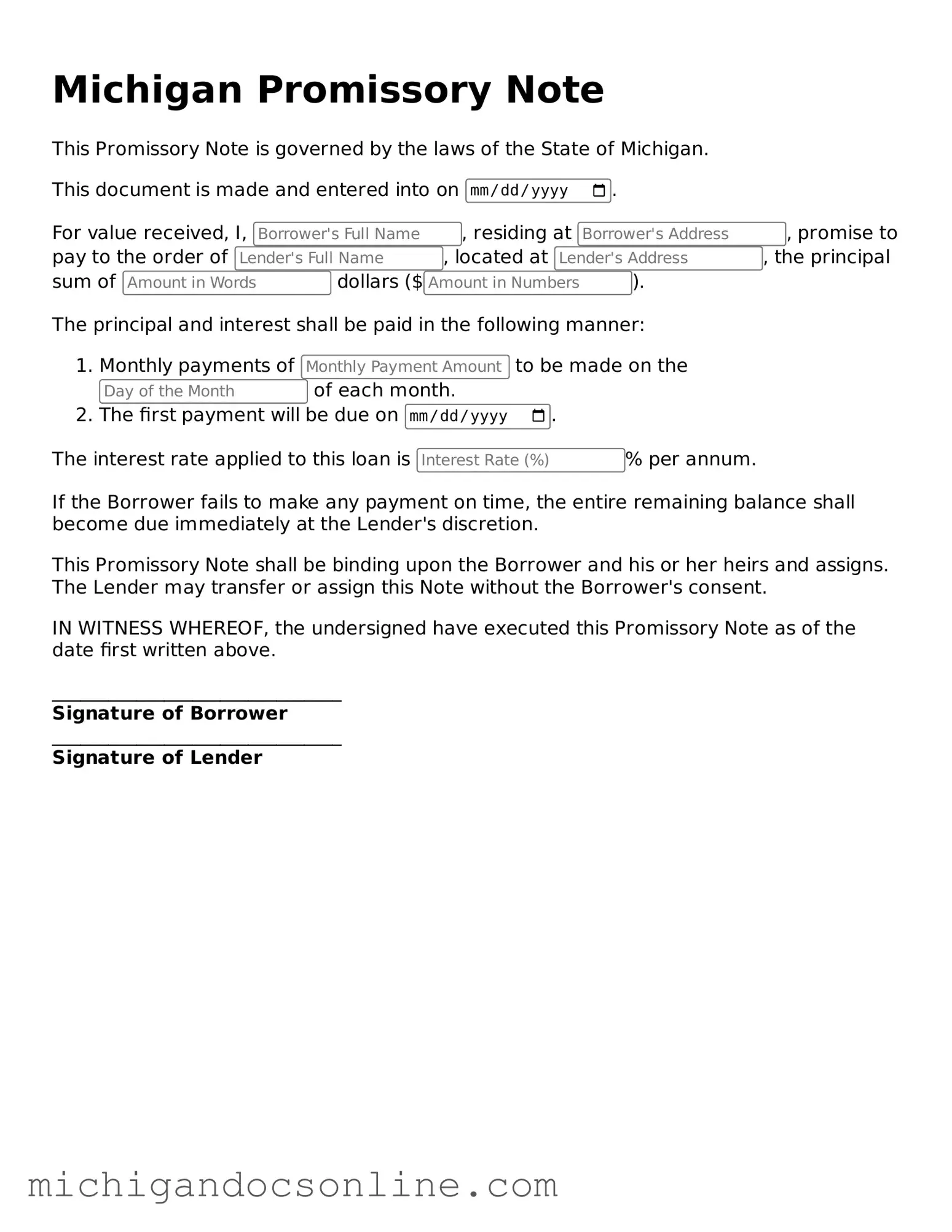 Fillable Michigan Promissory Note Form