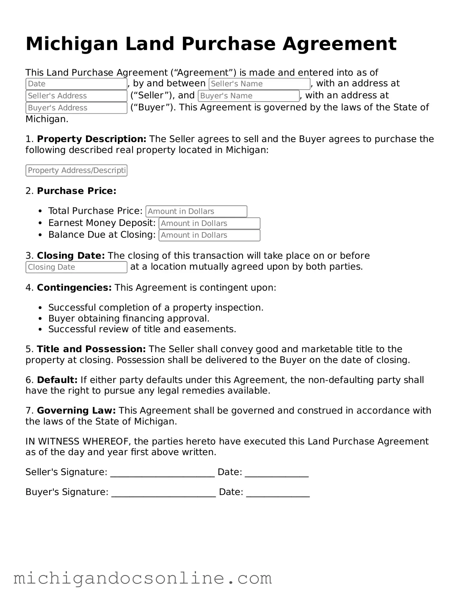 Fillable Michigan Land Purchase Agreement Form