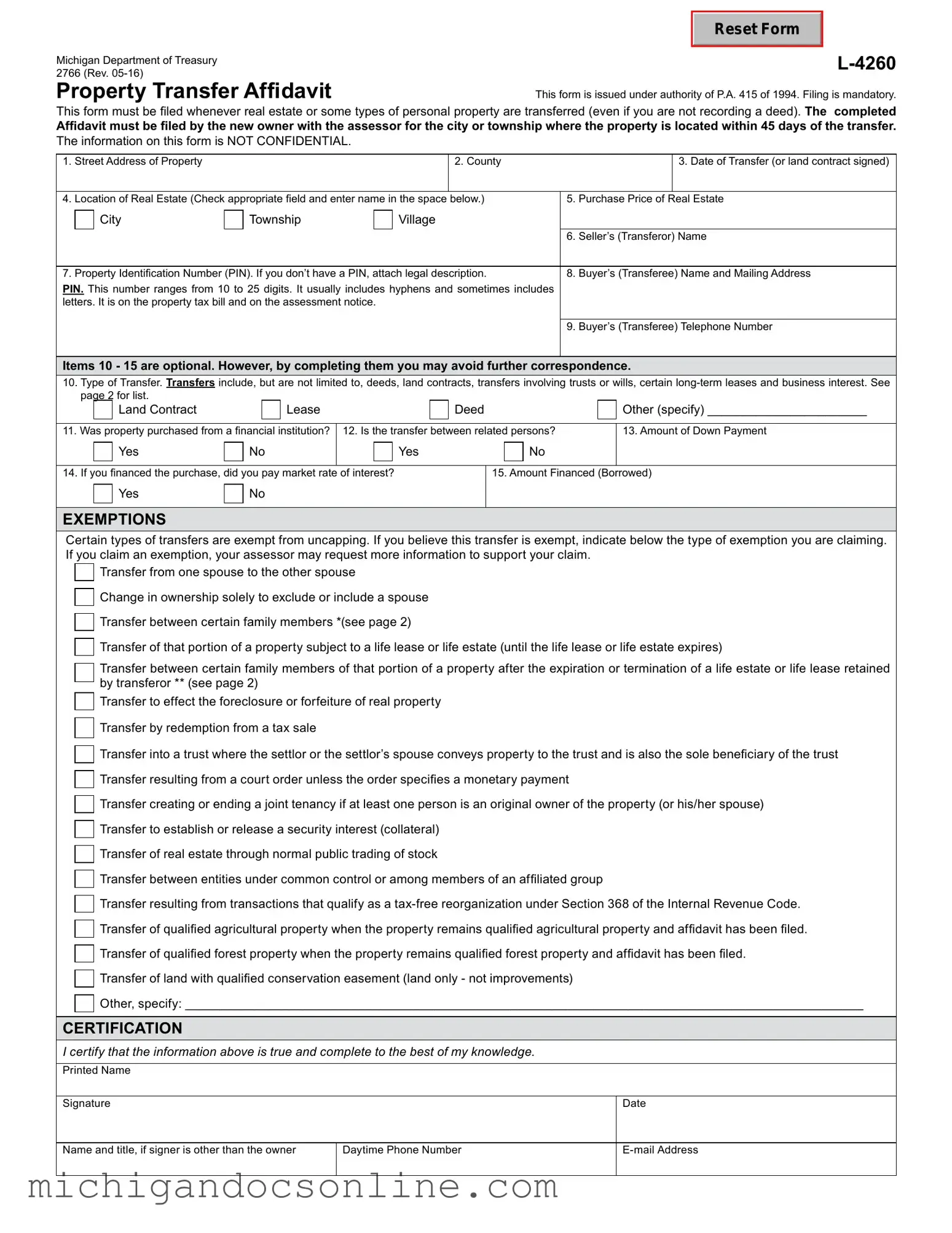 Blank Michigan Property Transfer Affidavit 2766 PDF Form