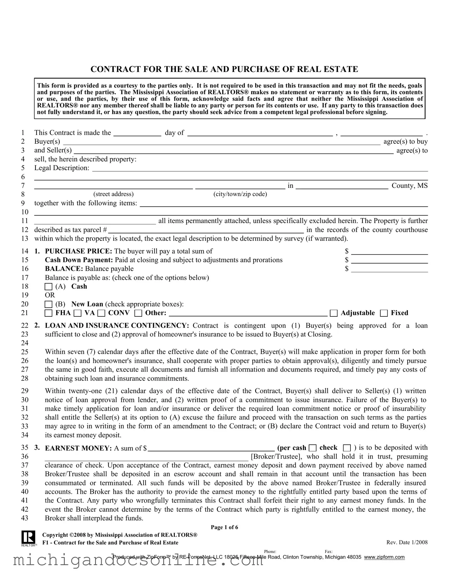 Blank Michigan Real Estate Buy PDF Form