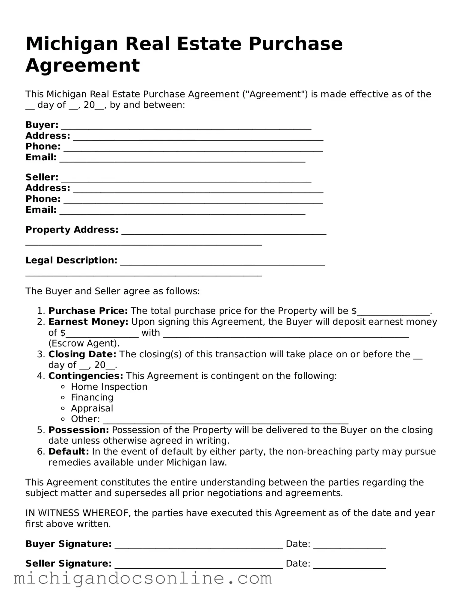 Fillable Michigan Real Estate Purchase Agreement Form