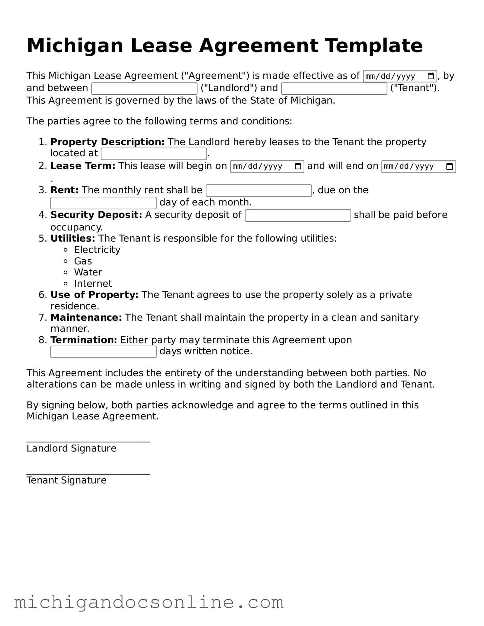 Fillable Michigan Lease Agreement Form