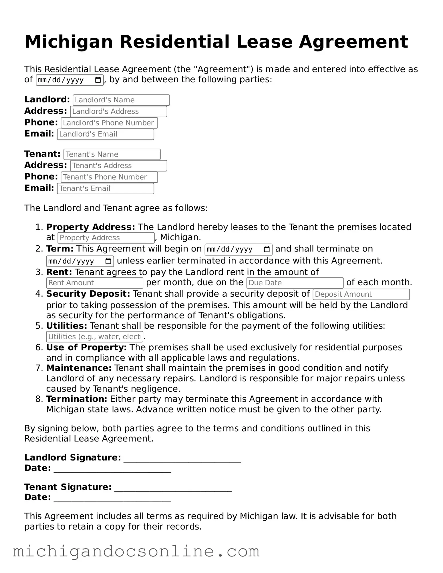 Fillable Michigan Residential Lease Agreement Form