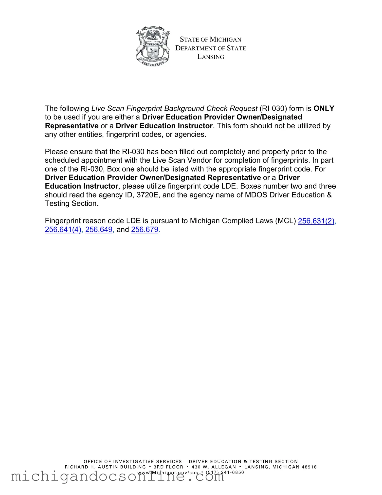 Blank Michigan Ri 030 PDF Form