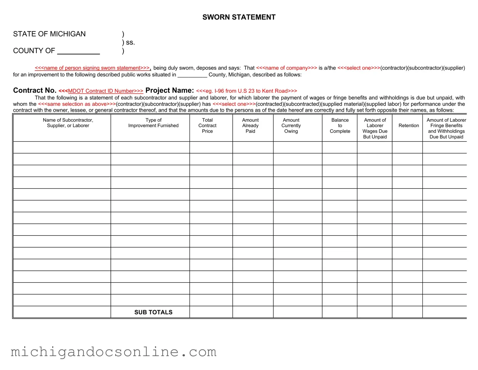 Blank Michigan Sworn Statement PDF Form