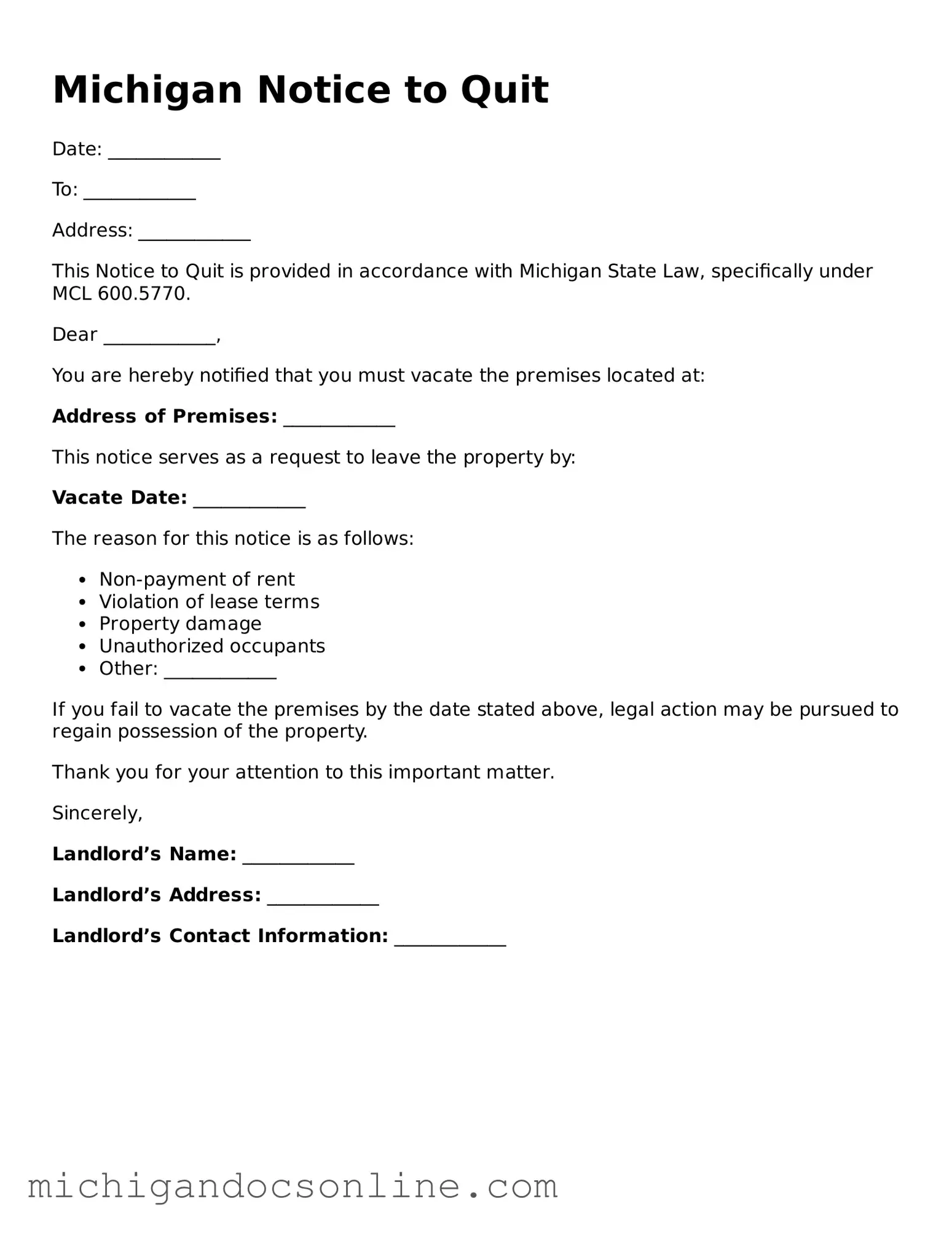Fillable Michigan Notice to Quit Form