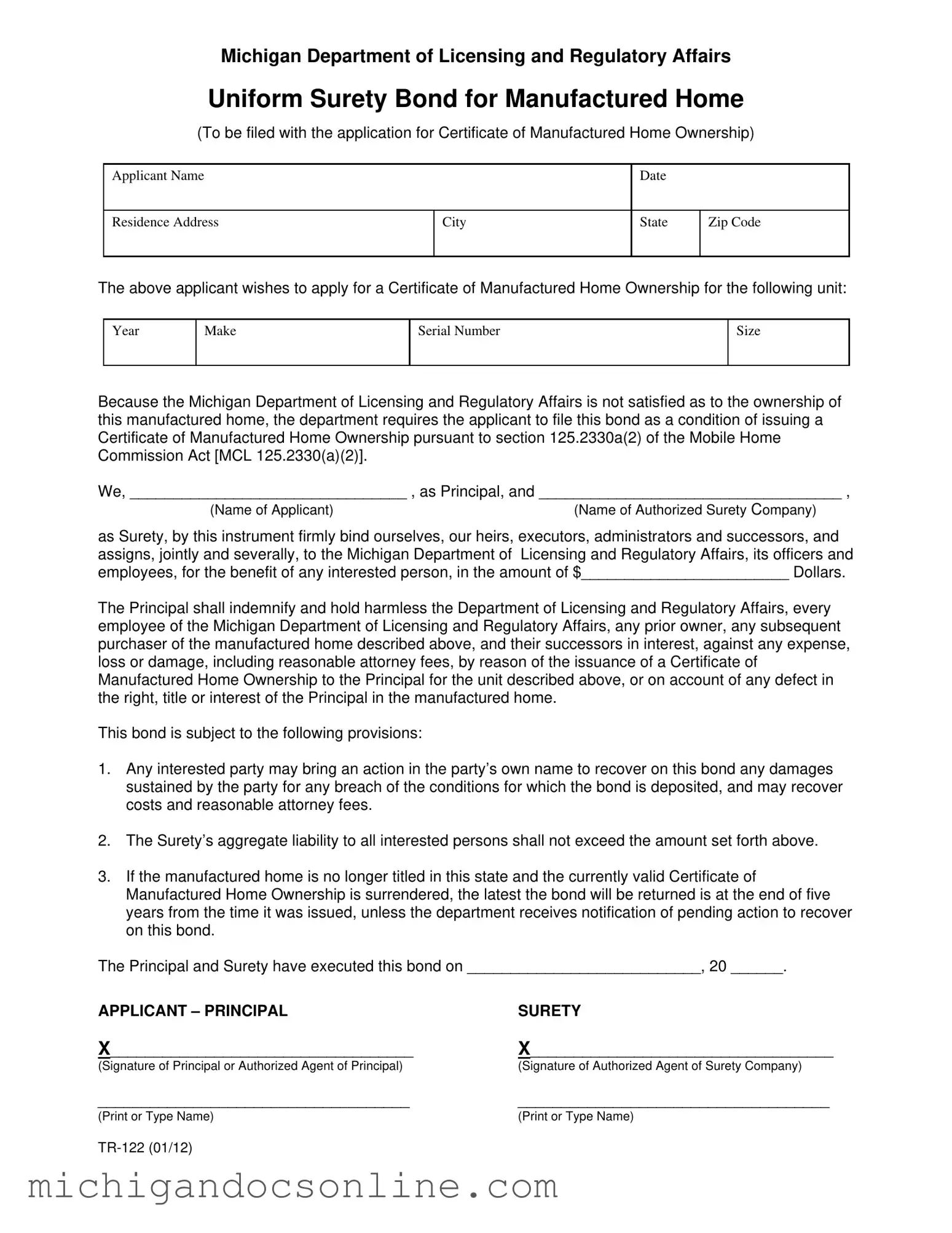 Blank Michigan Tr 122 PDF Form
