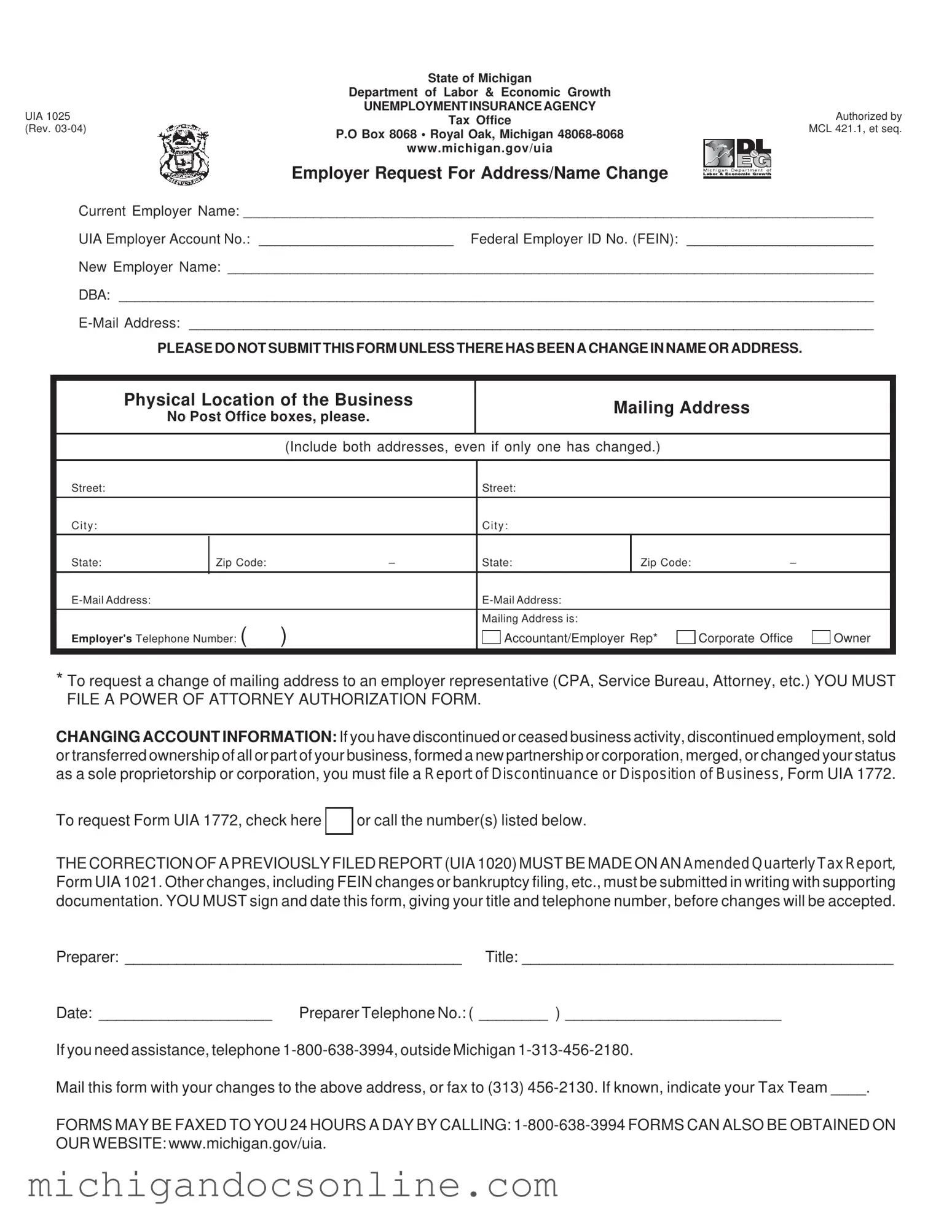 Blank Michigan Uia 1025 PDF Form