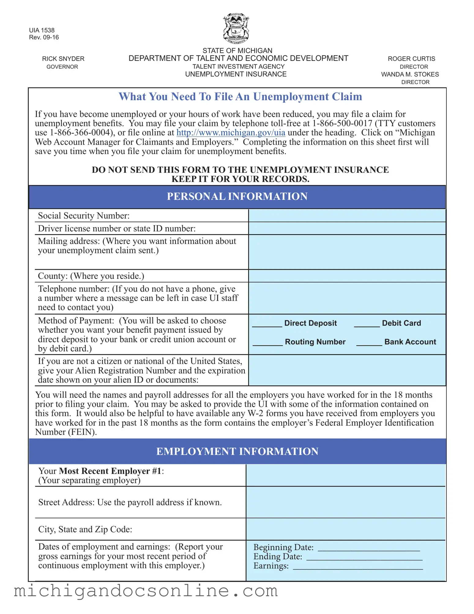 Blank Michigan Uia 1538 PDF Form