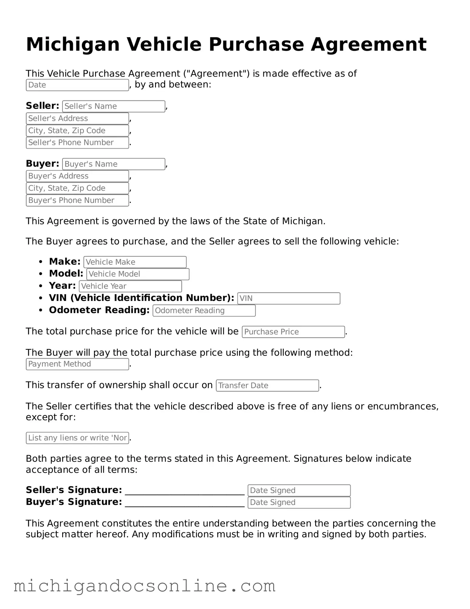Fillable Michigan Vehicle Purchase Agreement Form