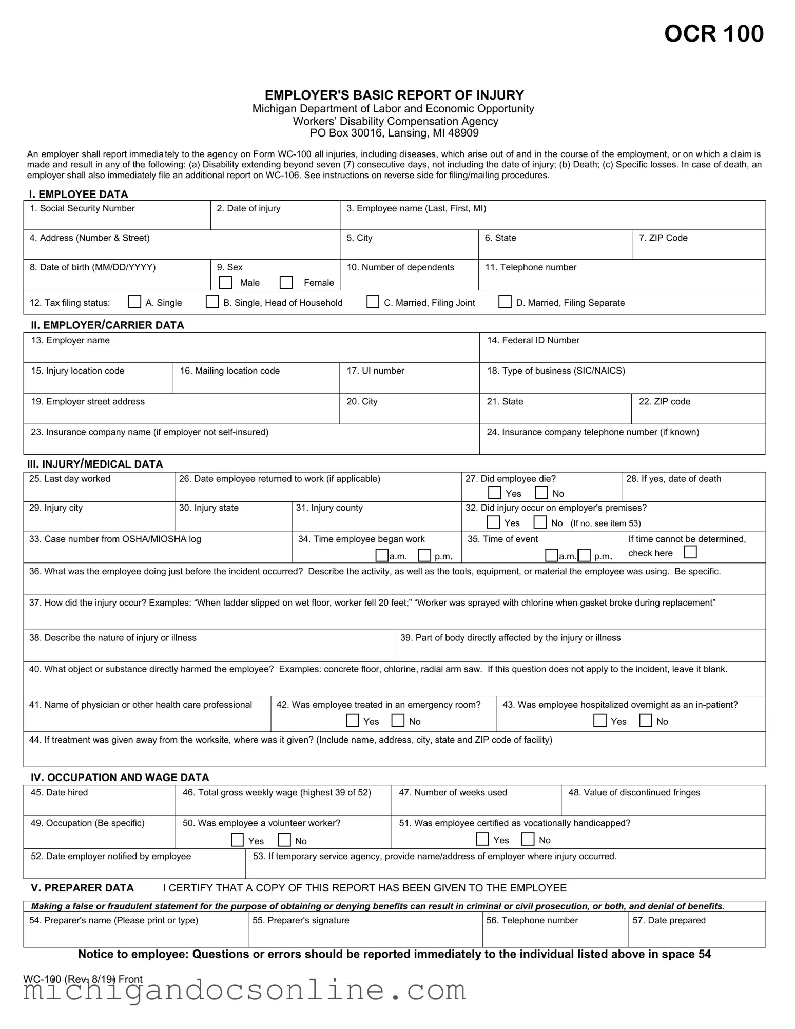 Blank Michigan Wc 100 PDF Form