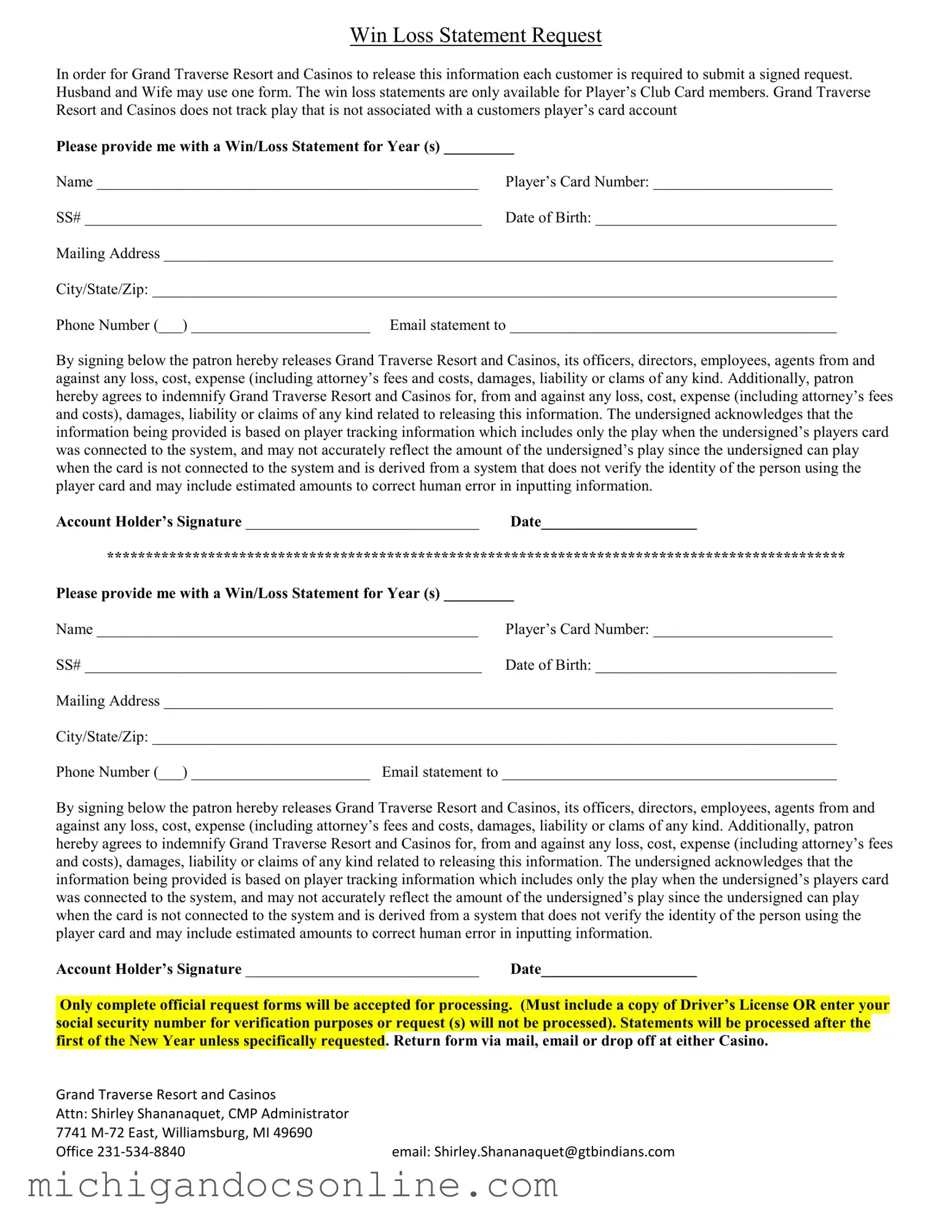 Blank Michigan Win Loss Statement PDF Form