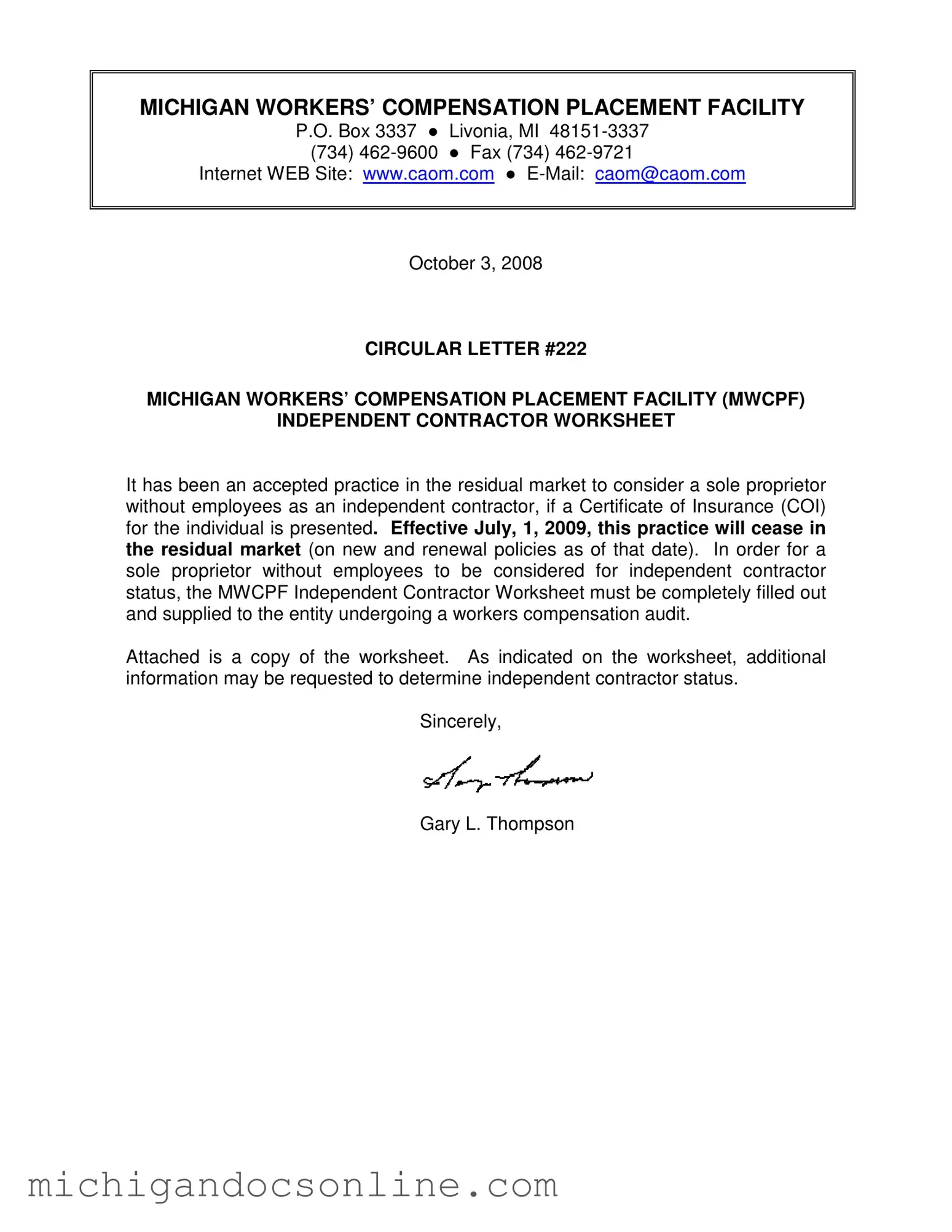 Blank Michigan Workers Independent Contractor Worksheet PDF Form