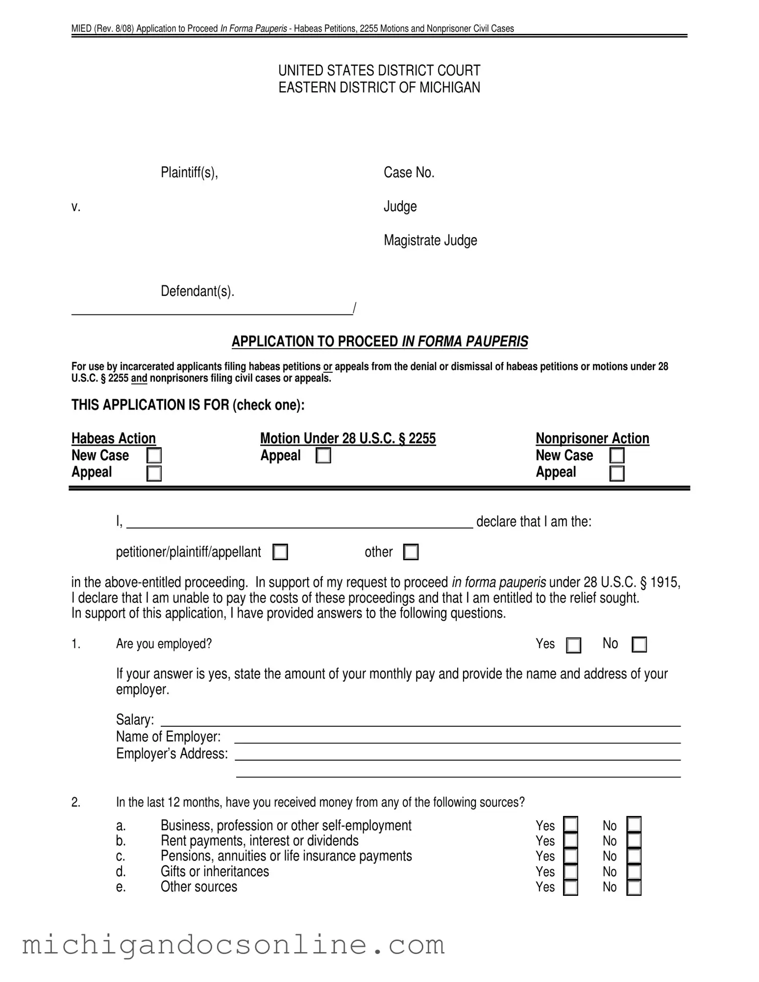 Blank Motion Onforma Paupris Michigan PDF Form