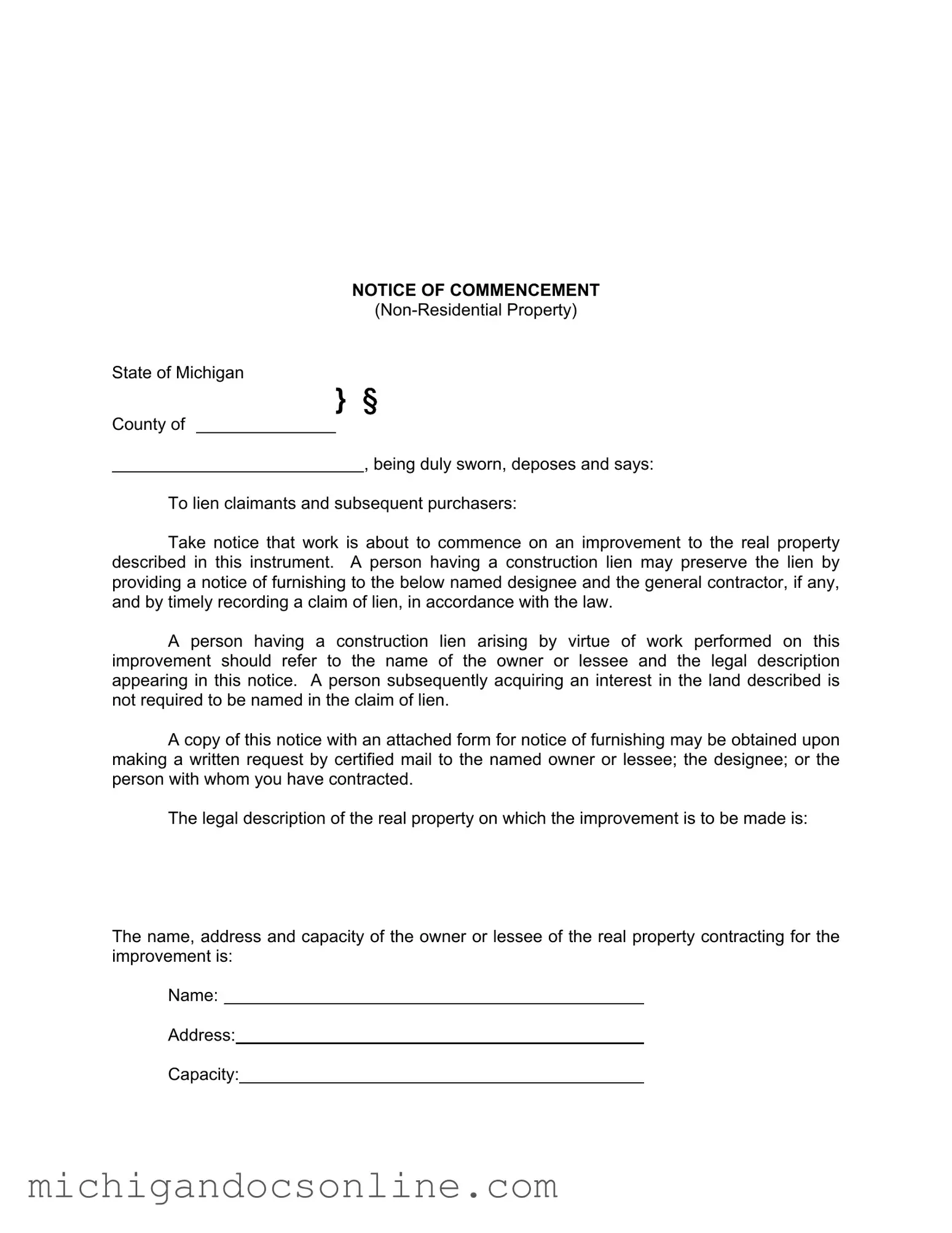 Blank Notice Commencement Michigan PDF Form