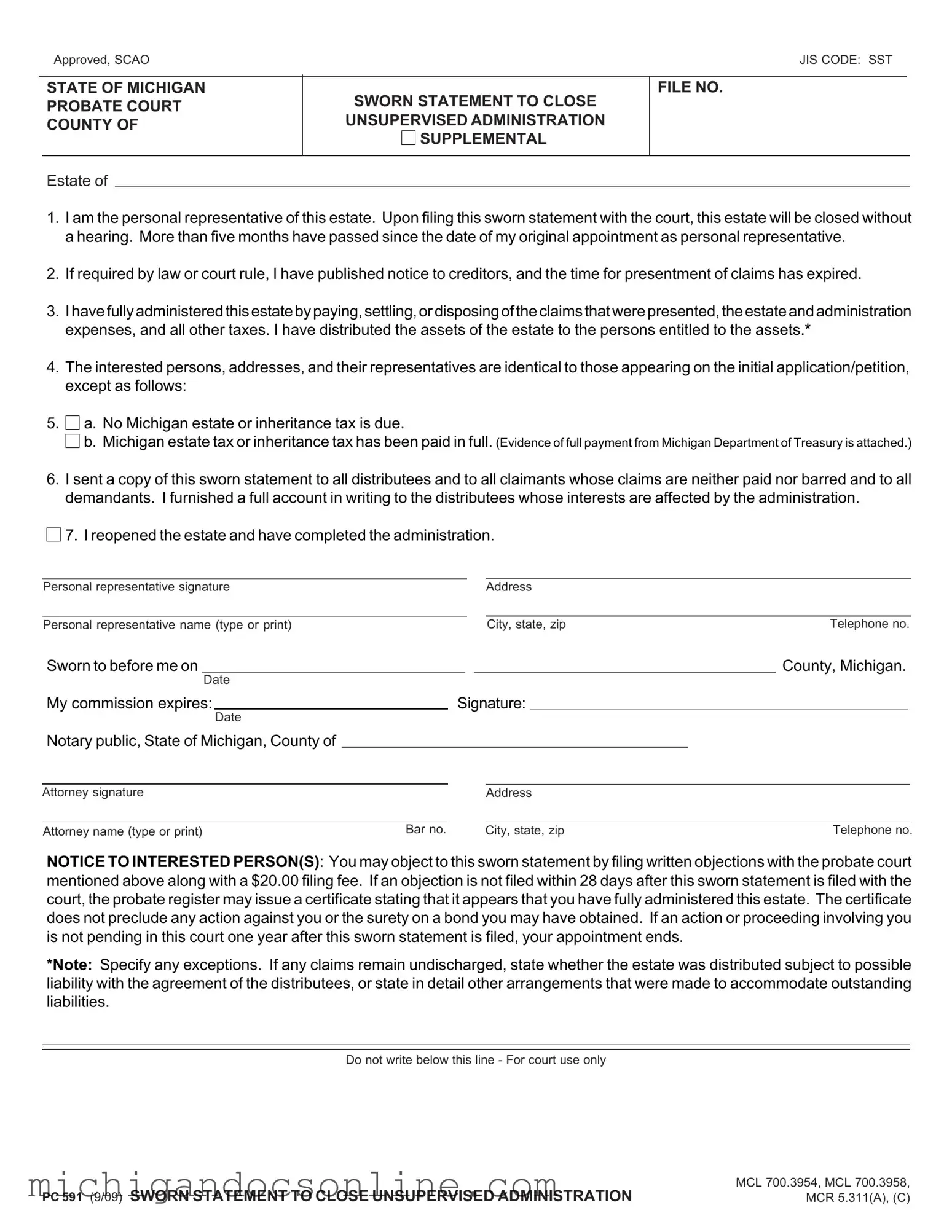 Blank Pc 591 Michigan PDF Form