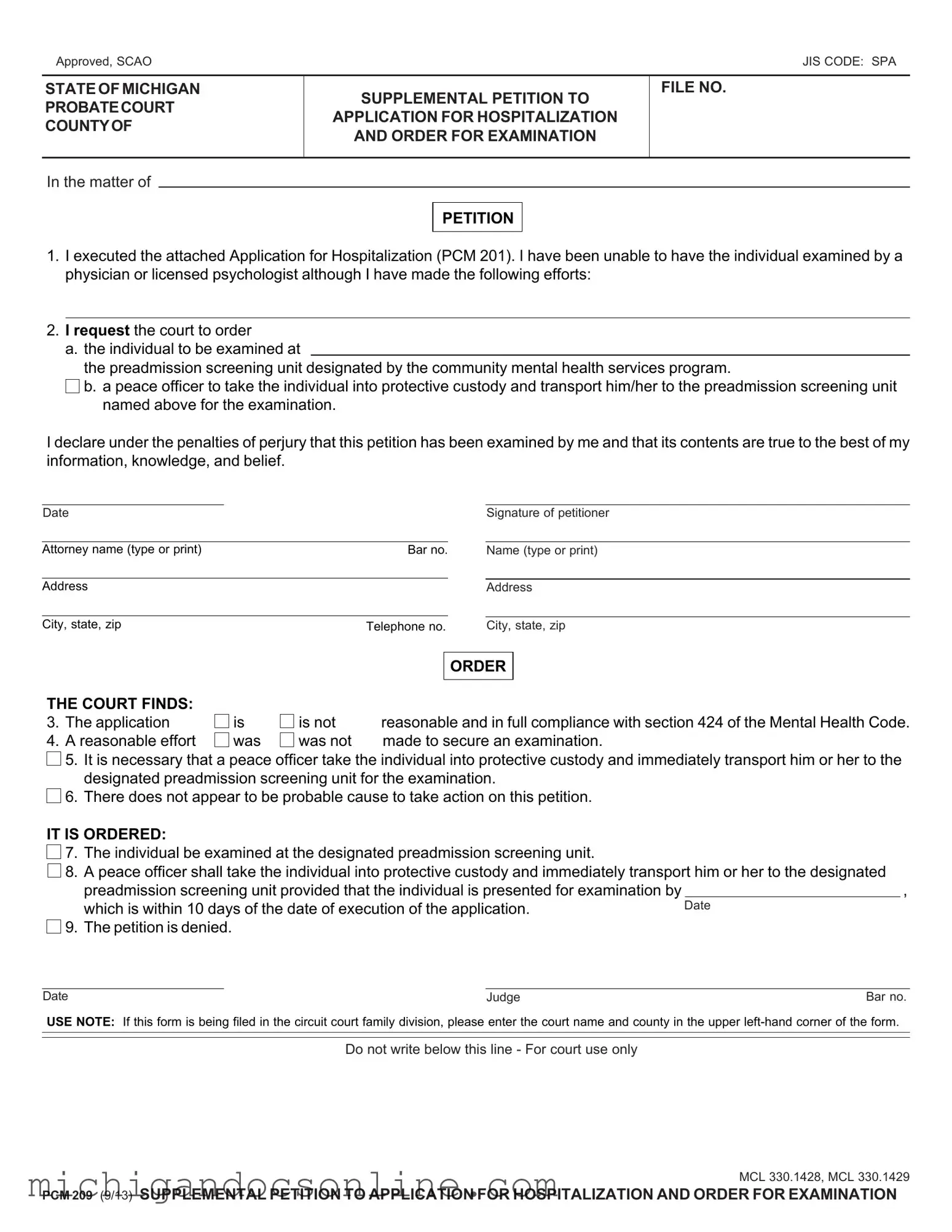 Blank Pcm 209 Michigan PDF Form
