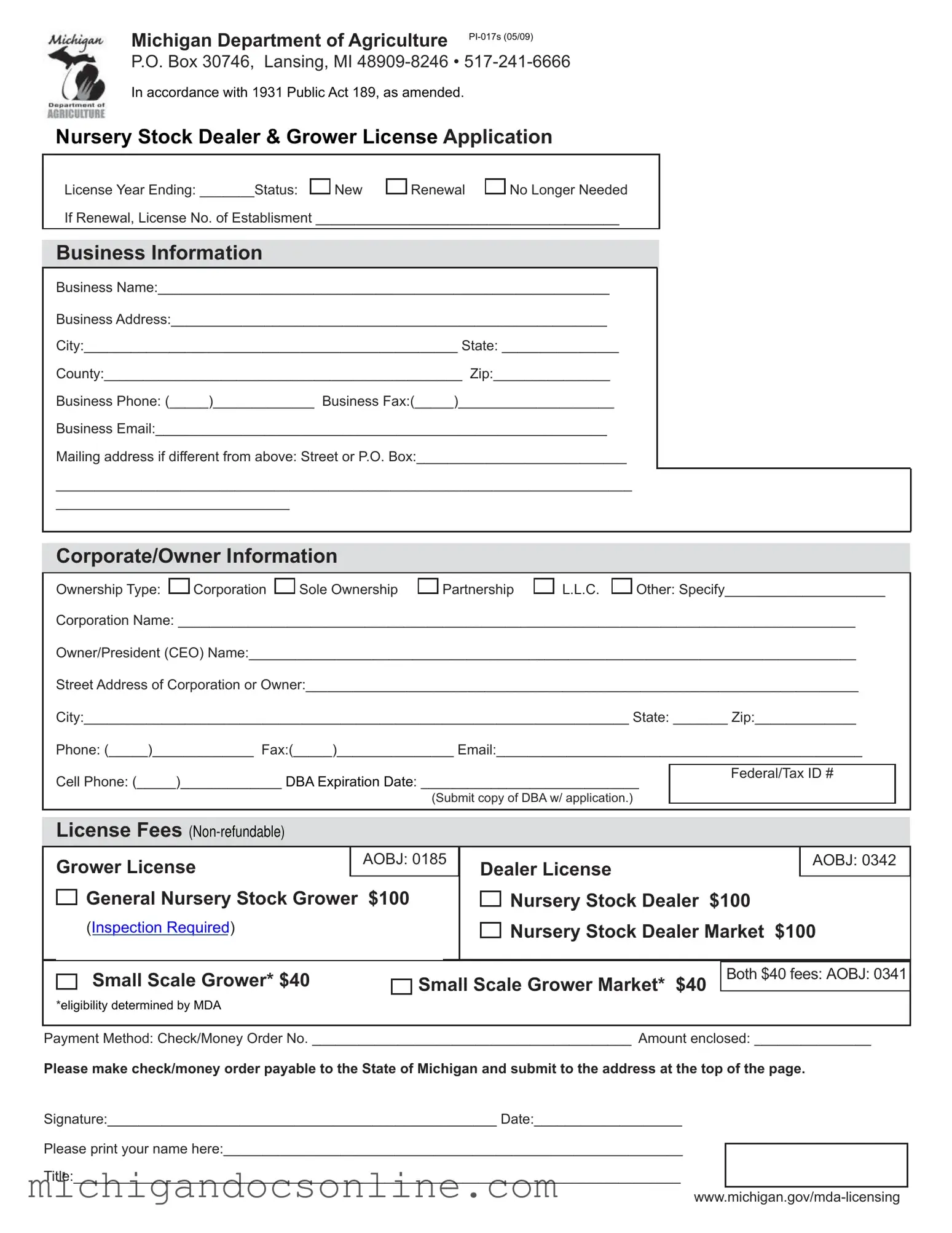 Blank Pi 017S Michigan PDF Form