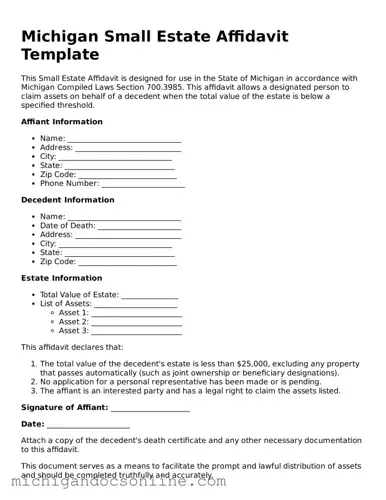 Fillable Michigan Small Estate Affidavit Form