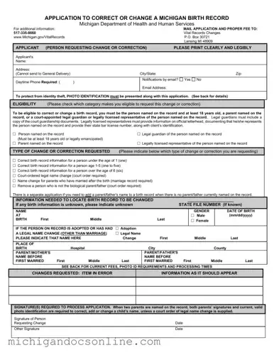 Blank Michigan Application Birth PDF Form