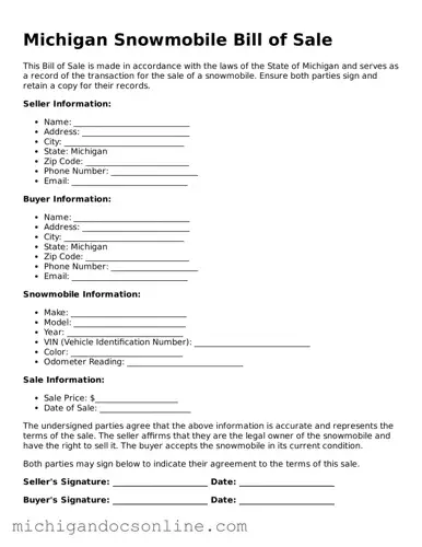Fillable Michigan Snowmobile Bill of Sale Form