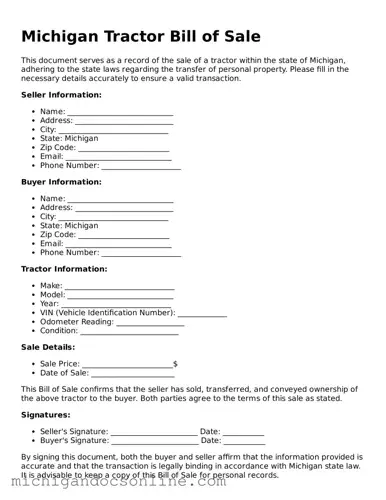 Fillable Michigan Tractor Bill of Sale Form