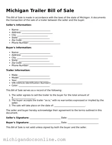 Fillable Michigan Trailer Bill of Sale Form