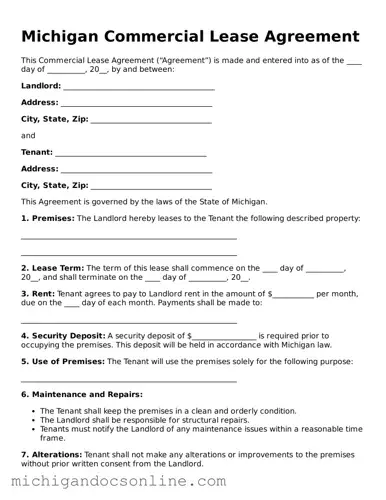 Fillable Michigan Commercial Lease Agreement Form