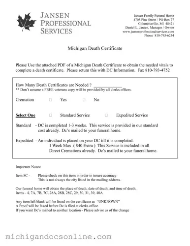 Blank Michigan Death Certificate PDF Form