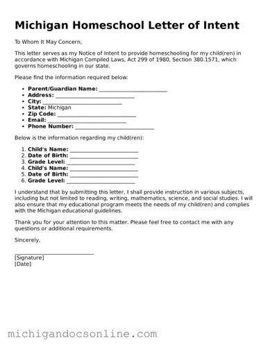 Fillable Michigan Homeschool Letter of Intent Form