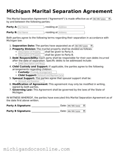 Fillable Michigan Marital Separation Agreement Form