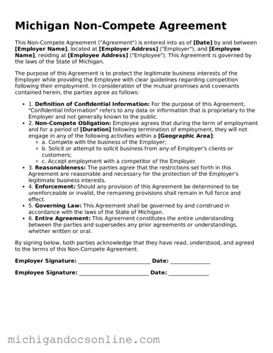 Fillable Michigan Non-compete Agreement Form
