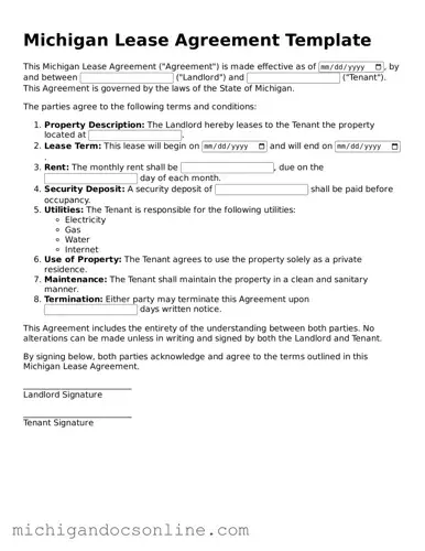 Fillable Michigan Lease Agreement Form
