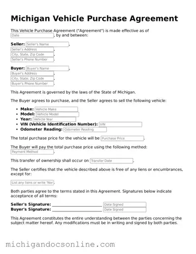 Fillable Michigan Vehicle Purchase Agreement Form