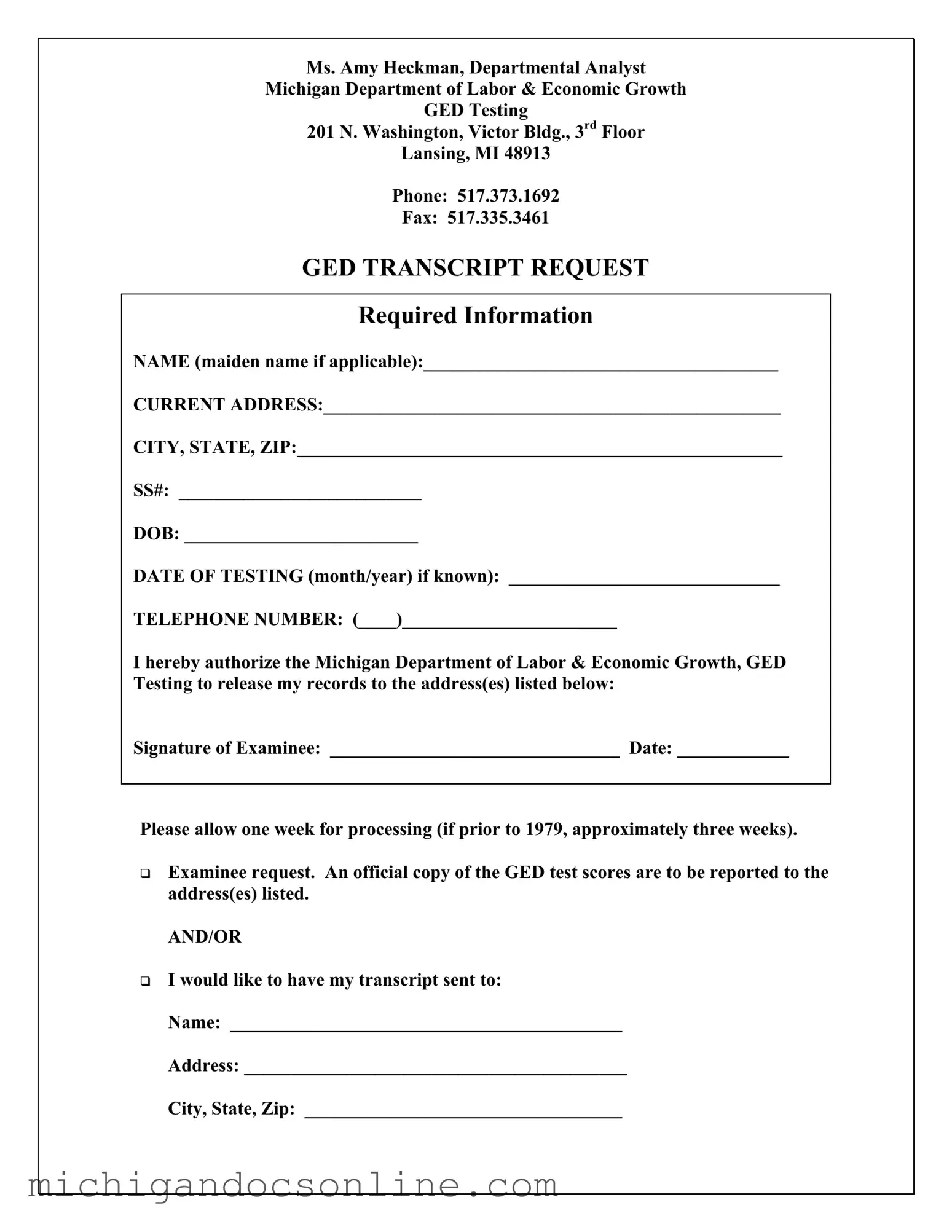 Blank Michigan Ged Transcript Request PDF Form