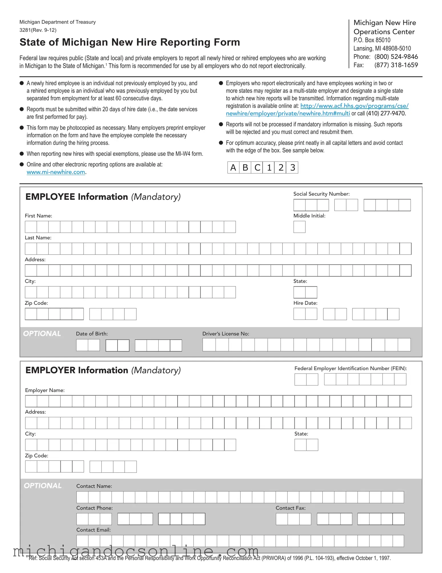 Blank State Of Michigan New Hire Reporting PDF Form